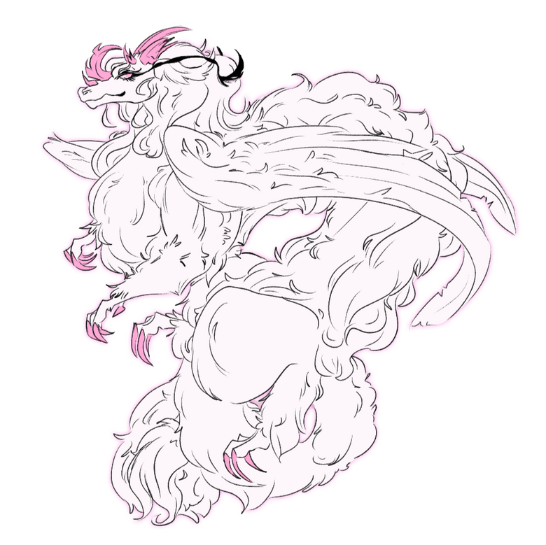 fullbody illustration of a pink, feathered, serpentine character