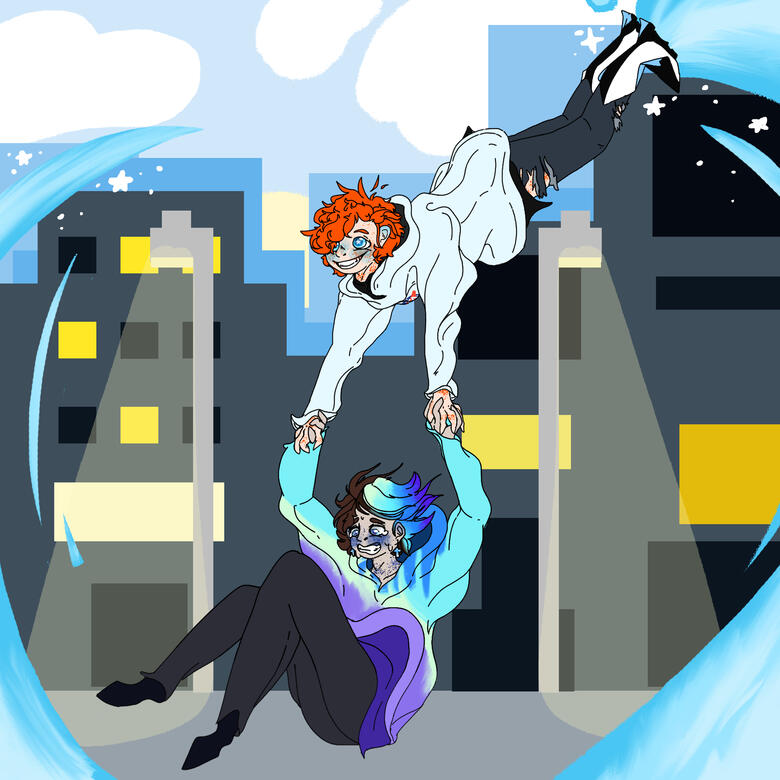 fullbody of a young man flying through a geometric city carrying another young man by the arms