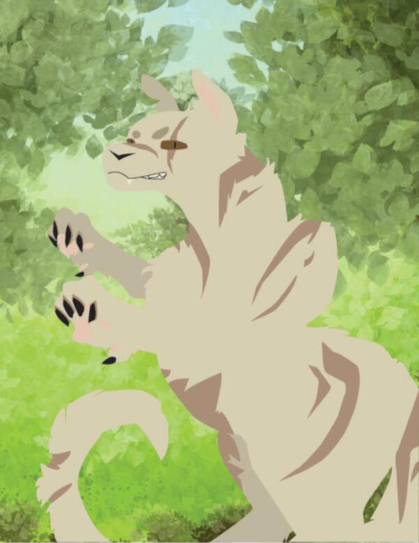 fullbody of a feline creature covered in scars on a forest background