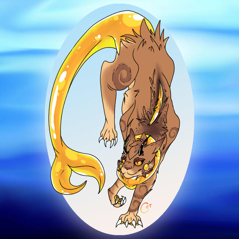 fullbody of a cat-like character with a dolphin tail and ocean background