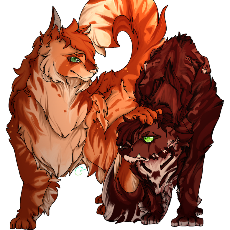 fullbody of two ginger tabby cats, light on the left and dark on the right, side-by-side