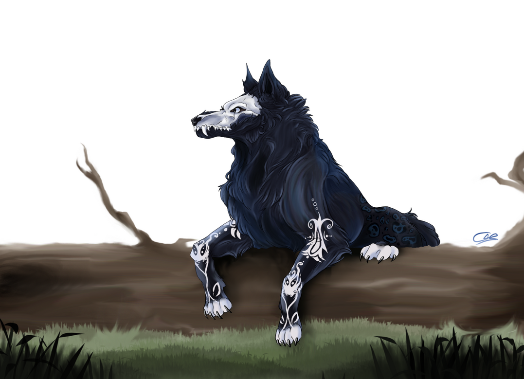 fullbody of a wolf on a log w/ grass foreground
