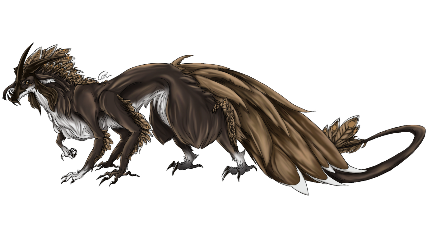 fullbody of a quadrupedal monster character with feathers