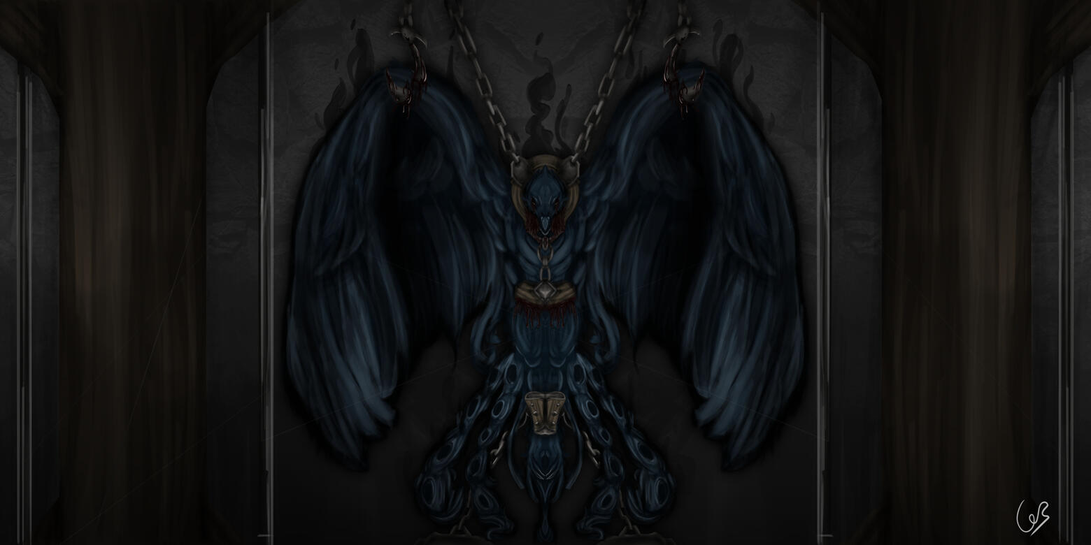 fullbody of a dark phoenix in chains