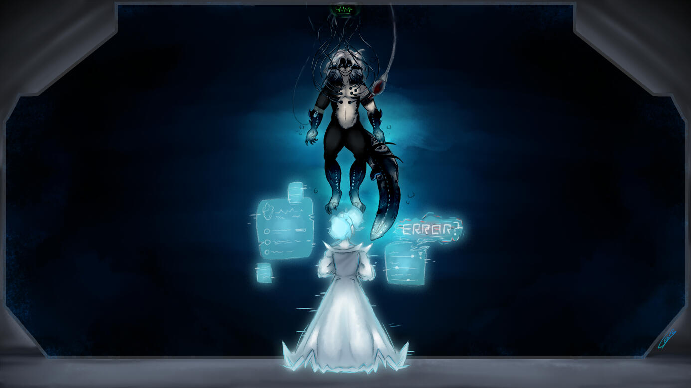 fullbody of a humanoid character looking at a human/axolotl hybrid in a dark tank