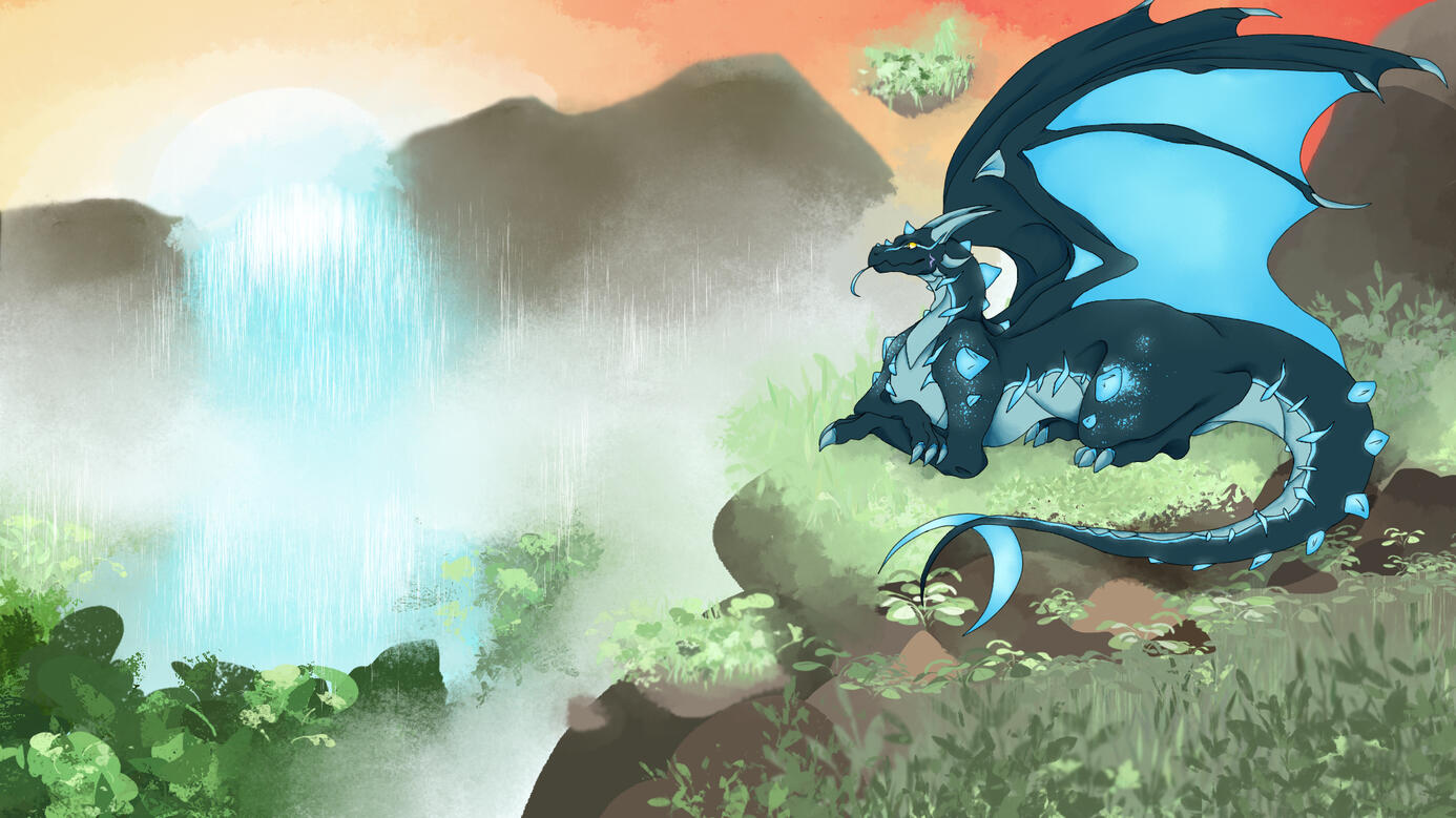 fullbody of a blue dragon resting near a waterfall