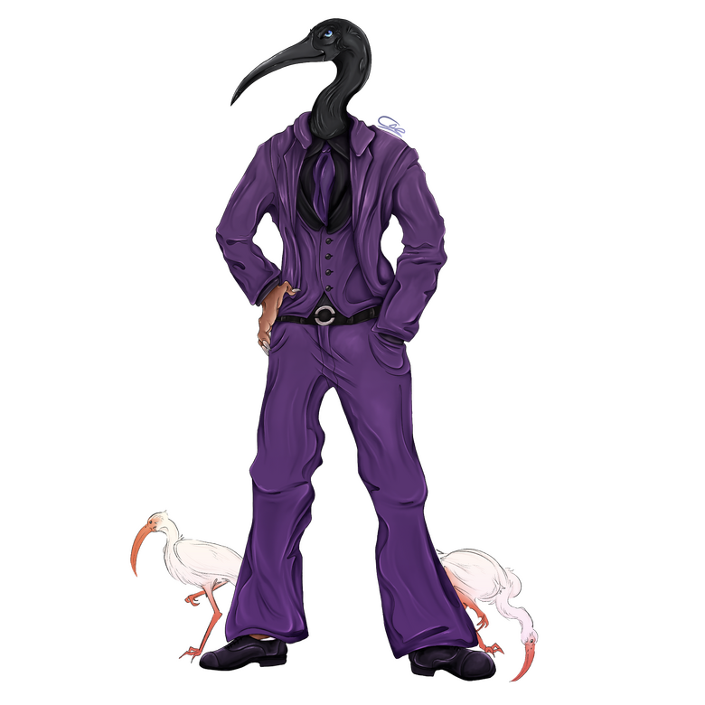 fullbody of an anthro ibis character in a purple suit