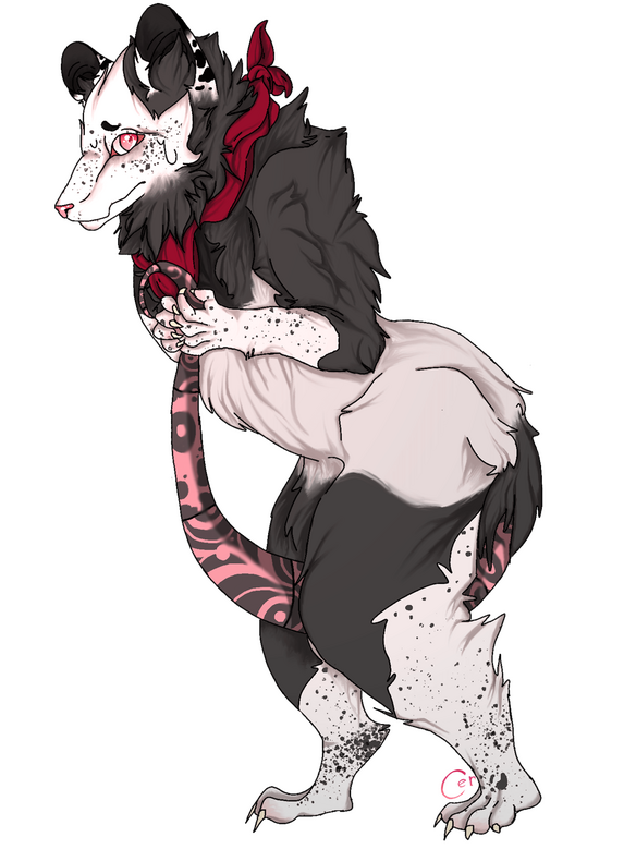 fullbody of an anthro possum character with a bandana and tattoos on their tail