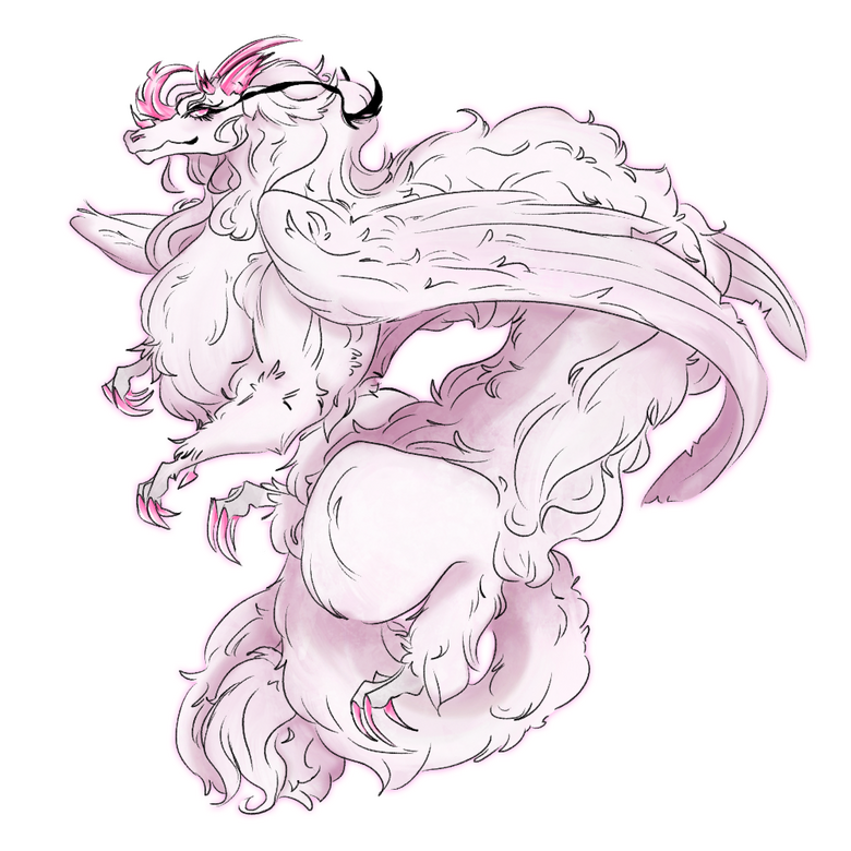 fullbody illustration of a pink, feathered, serpentine character