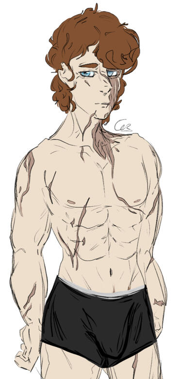 halfbody of a shirtless man with curly brown hair and scars