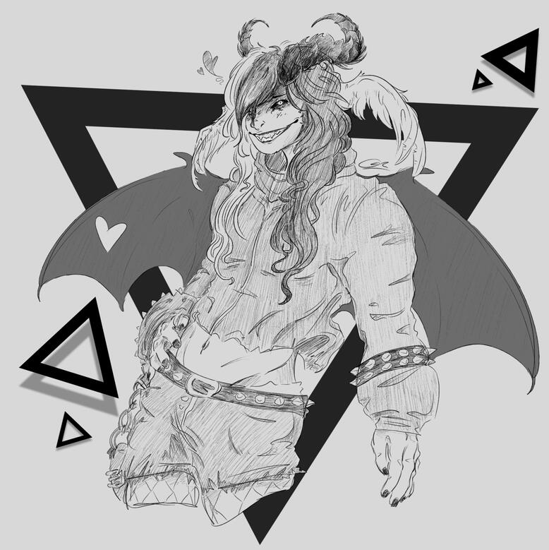 halfbody sketch of a humanoid character with horns and wings