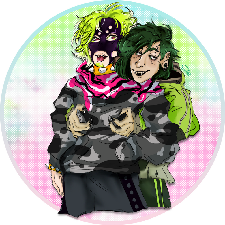 halfbody of a man w/ dark green hair and piercings hugging another man w/ neon green hair and a mask from behind