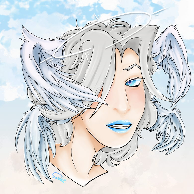 headshot of a humanoid character with feathered wings around their head w/ a cloudy background