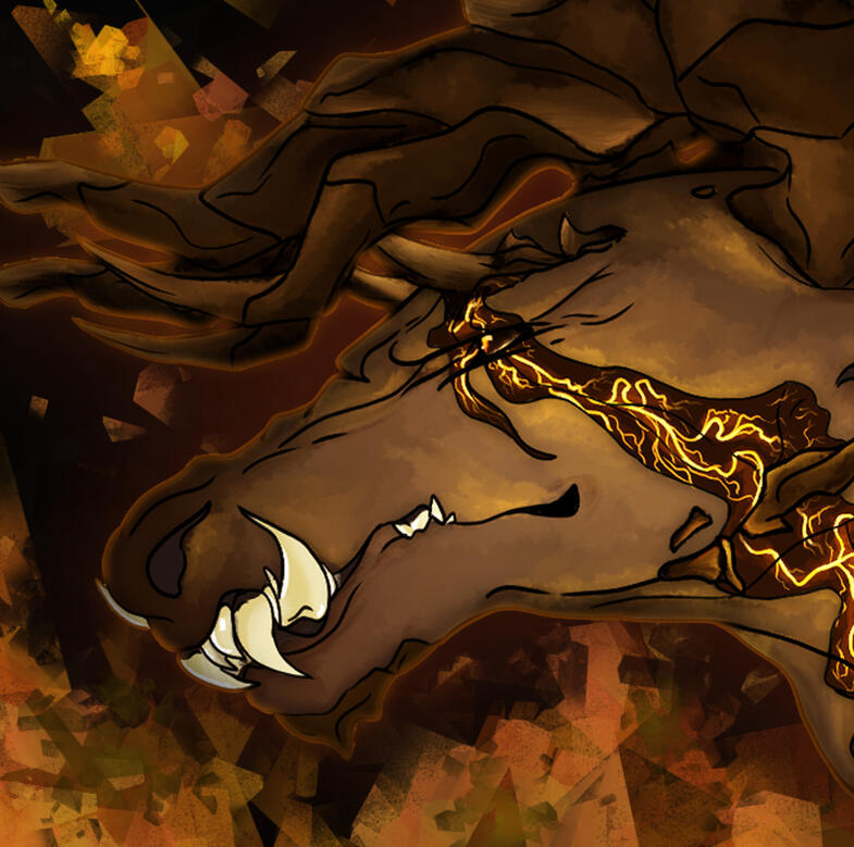 headshot of a scarred minotaur w/ a geometric fire background