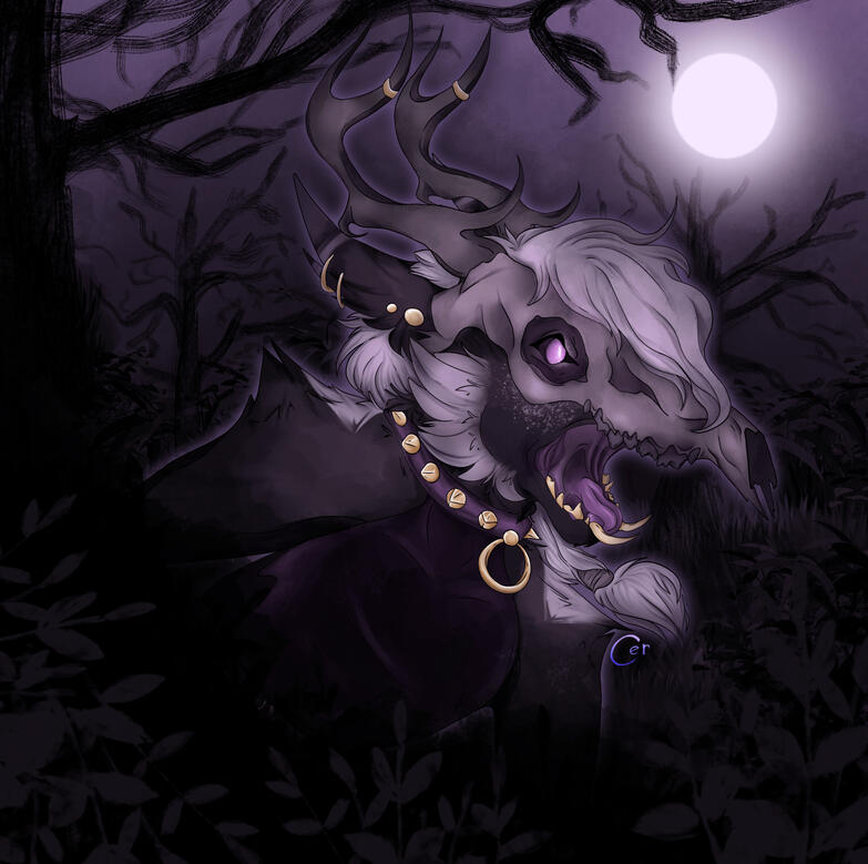 bust illustration of a lynx character wearing a deer skull on a dark forested background