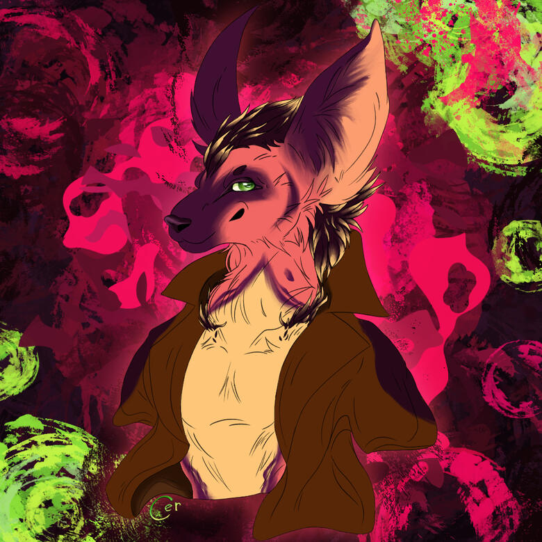 bust of an anthro canine character w/ quills and big ears on an abstract background