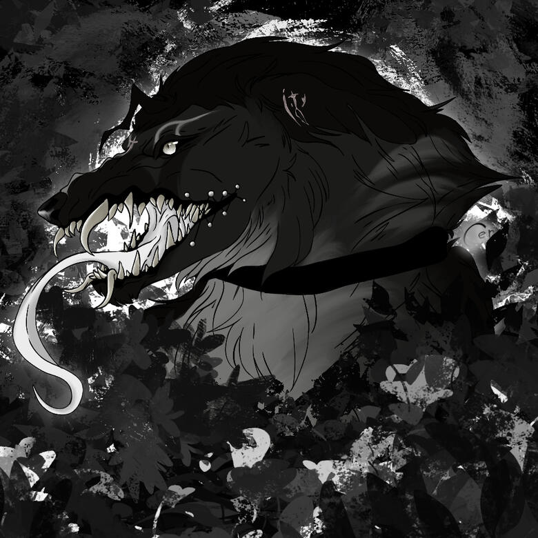 bust of a canine character with monstrous teeth and a long tongue w/ abstract black and white background