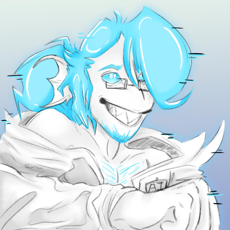 bust of a humanoid character in a lab coat w/ a gradient background