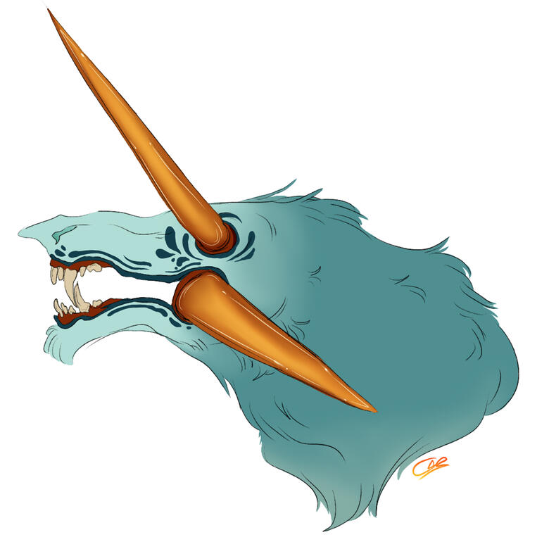 bust of a monster with horns sprouting from its eye socket and cheek