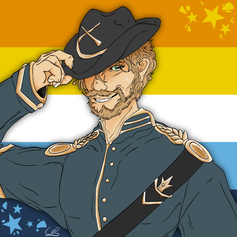 bust of a blonde man in an old-fashioned military uniform w/ an aroace pride flag background