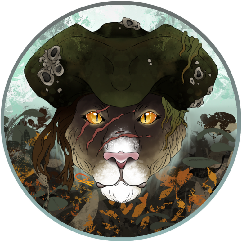 icon of a lion in a pirate hat on a sea-themed background