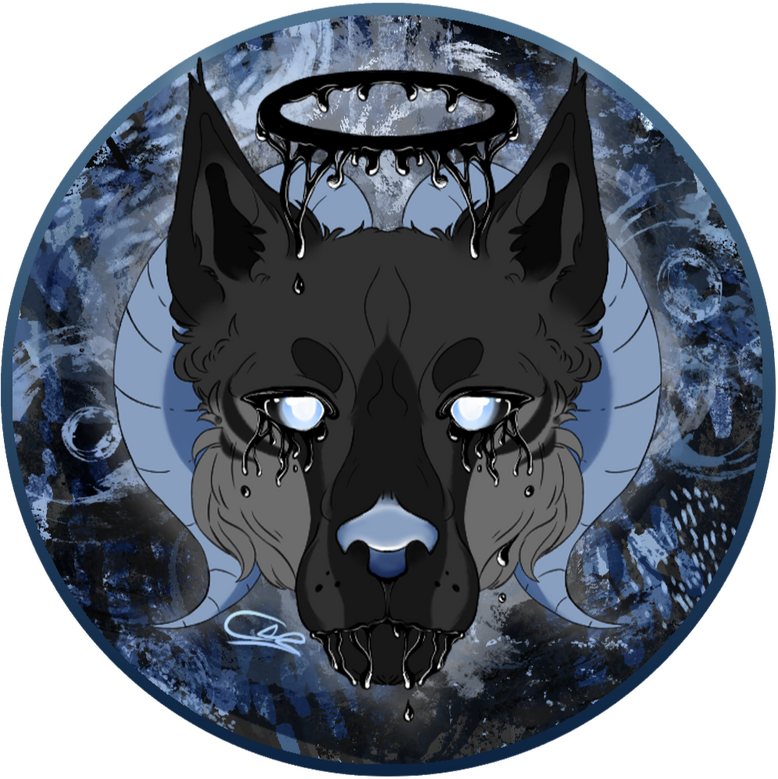 icon of a dark wolf with horns and a bleeding halo on an abstract background