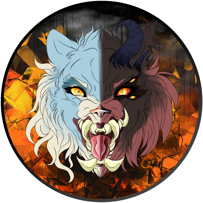 icon of a lioness with a chimera angel/demon design on a fiery background