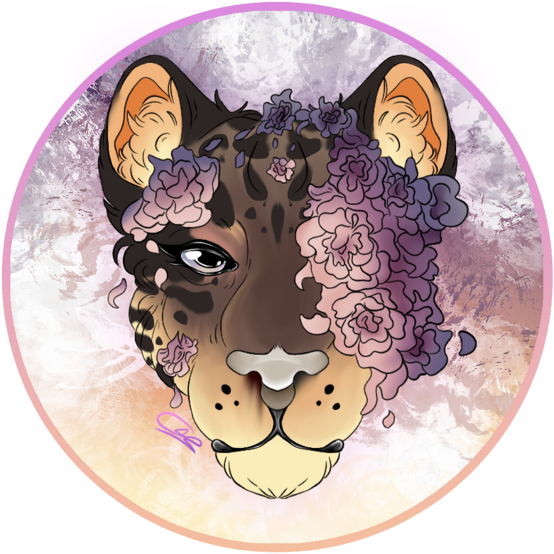 icon of a lioness covered in flowers on a dawn sky background
