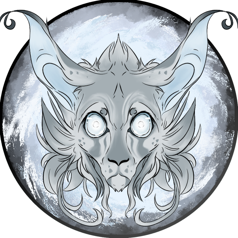 icon of a blind feline creature on an abstract background