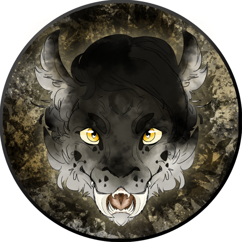 icon of a mottled grey feline creature with saber teeth on an abstract background
