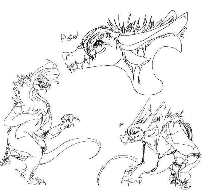 b&amp;w concept sheet of an alien character with prosthetic limbs