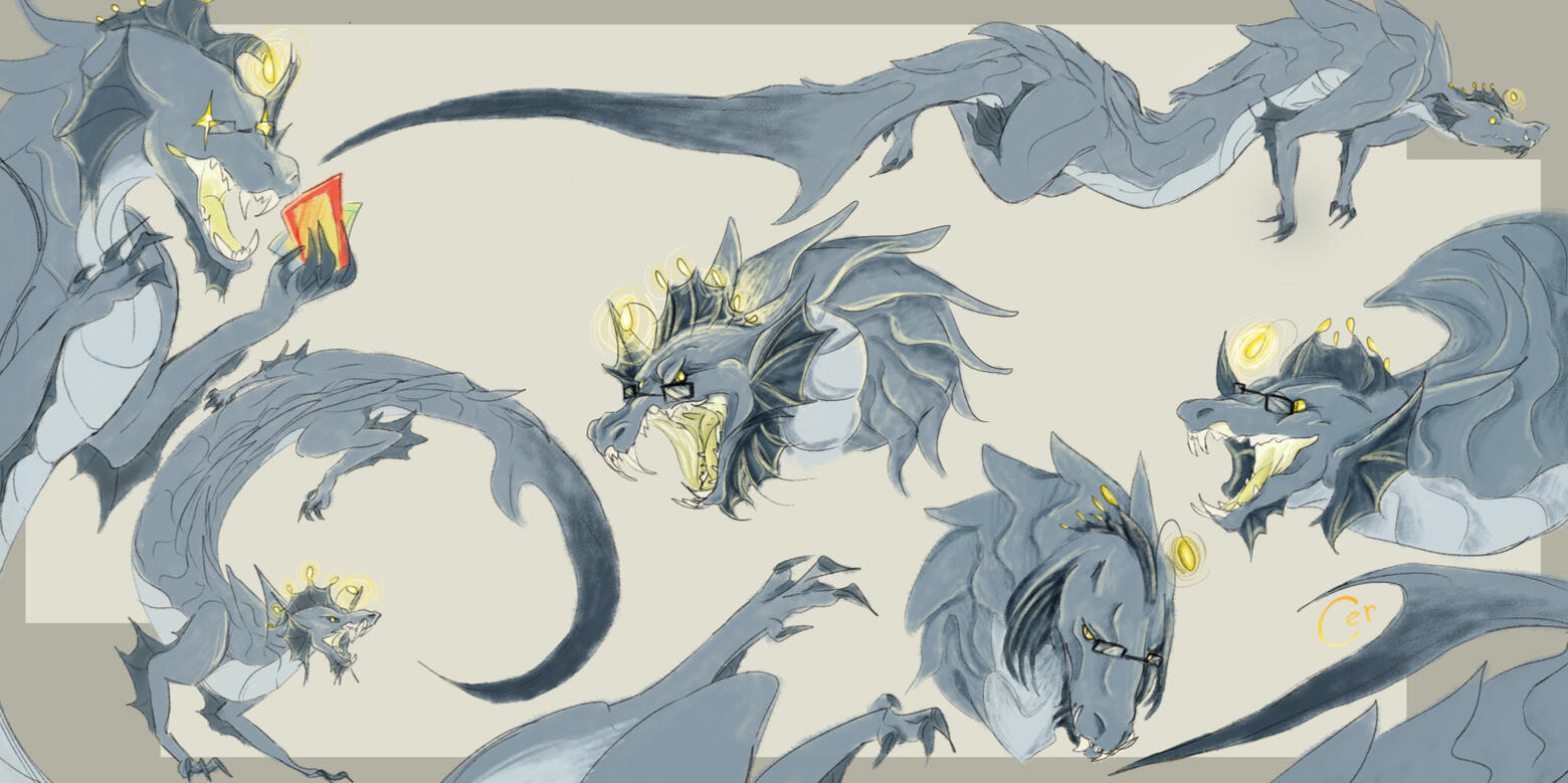 concept sheet of a serpentine dragon character