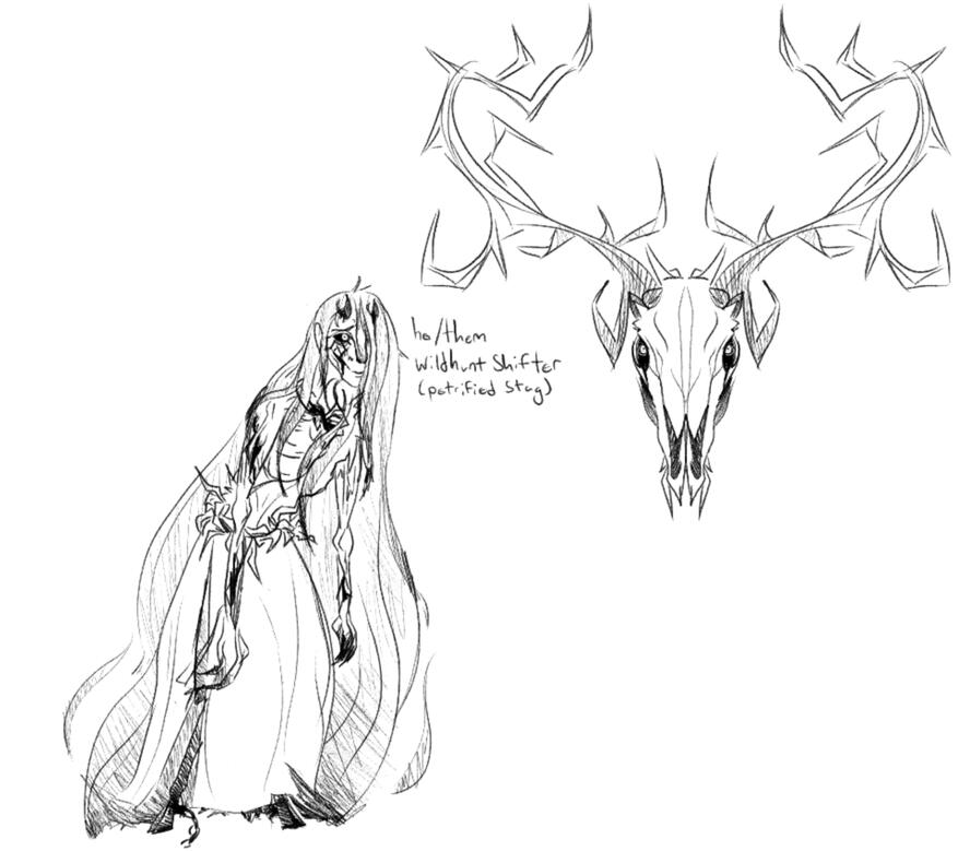 b&amp;w concept sheet of a humanoid character w/ stag-like features