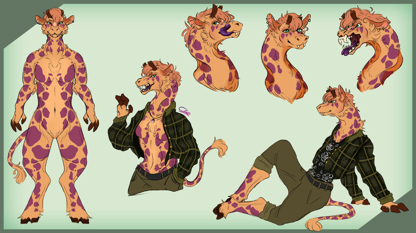 concept sheet of an anthro giraffe/hyena hybrid character