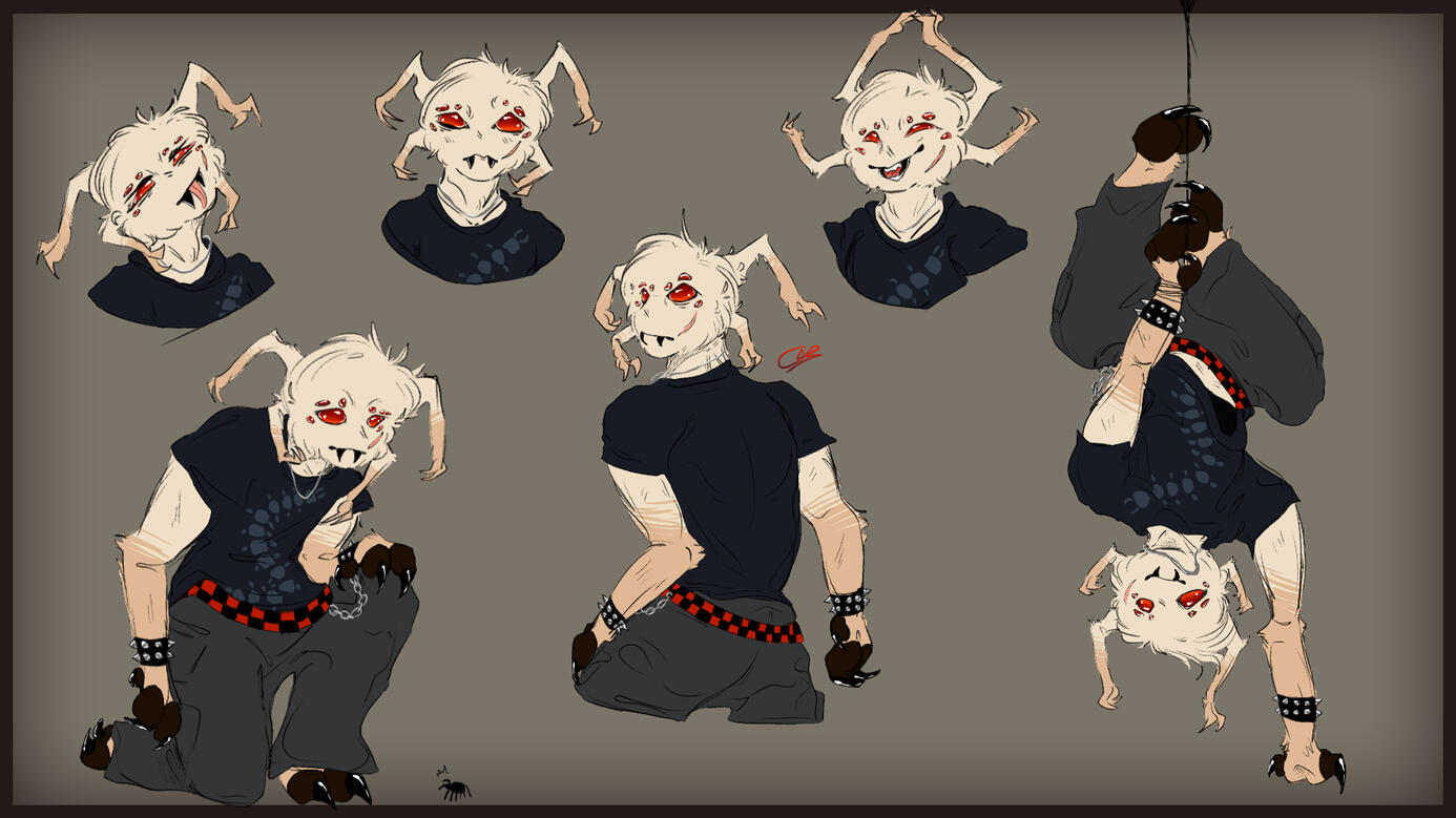 concept sheet of an anthro spider character in punk clothes