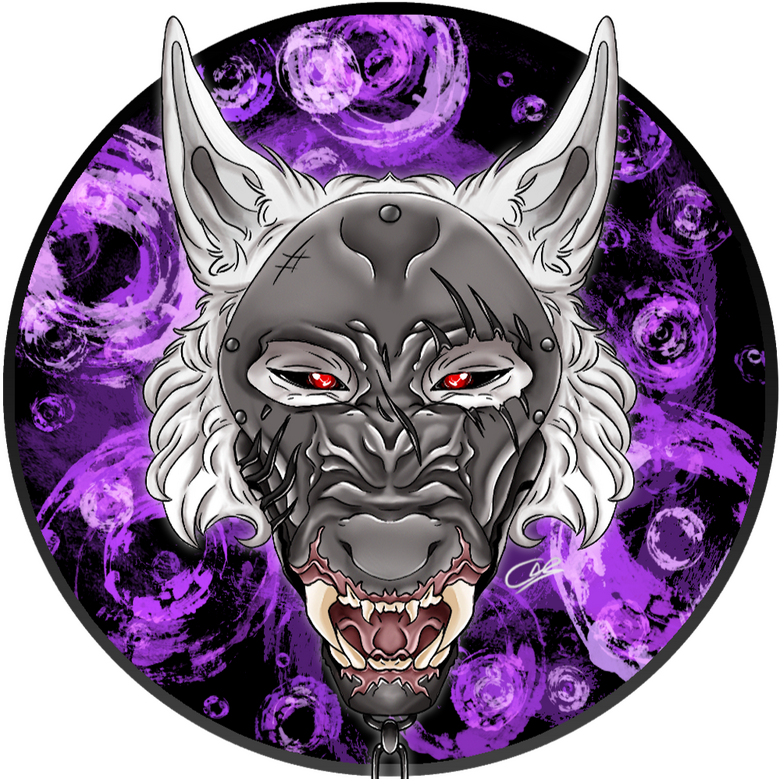 icon of a white wolf with a metal mask on an abstract background